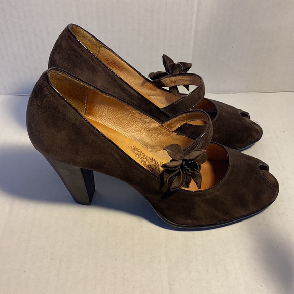 Söfft Geva Brown Suede and Leather Peep Toe High Heels 9.5 - Picture 1 of 13